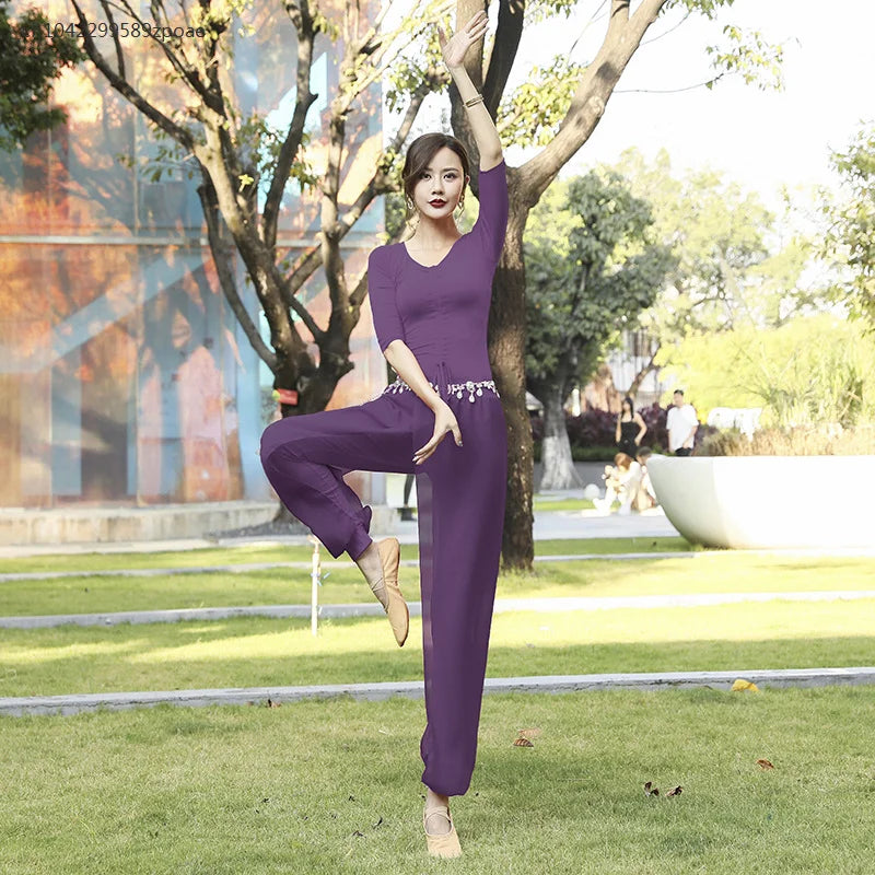 Modern Dance Practice Clothes Body Training Tops Women's Adult Dance Belly Dance Practice Clothes Loose Bloomers Suit 2024
