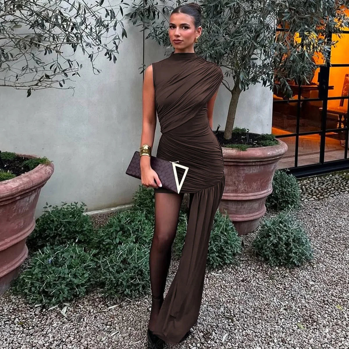 Irregular Draped Ruched Sexy Mini Dress For Women Turtleneck Sleeveless Pleated Slim Party Dress Female Holiday Beach Dresses