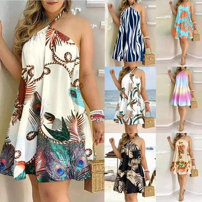 Dresses For Woman 2025 Sexy Sleeveless Backless Short Mini Dress Loose Halter Neck Print Beach Sundress Floral Vestidos S-3XL