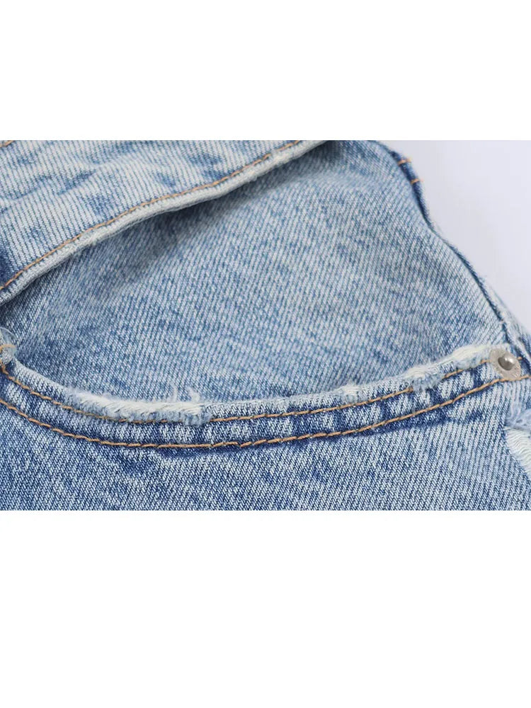 HH Women's 2025 New Fashion Retro Versatile Mid-Waist Turn-Down Jeans Female High Street Casual Ripped Decorative Wide Leg Pants