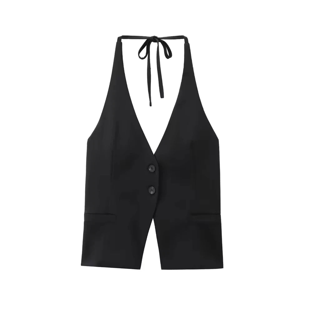 Front Button Tank Tops for Women, Tied Halter Neck, Backless, Female Camis, Sexy Fashion