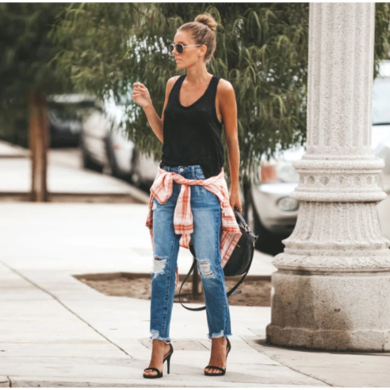 Casual Straight Jeans Women High Waisted Washed Skinny Ripped Slim Denim Pants 2025 Autumn Fashion Trend Commute Lady Trousers