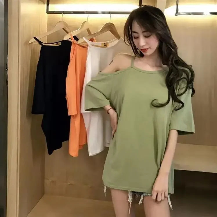Tops Woman Plain Off Shoulder T Shirt for Women Coquette Clothes Black Sexy with Straps Y2k Sleeves Harajuku Fashion Pulovers