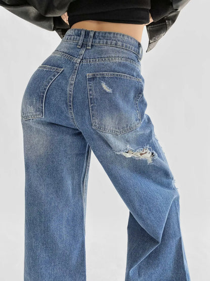 Women's Destroyed Jeans 2025 Spring Summer High Waist Loose Leg Floor-Length Distressed Denim Vintage Daily Staple