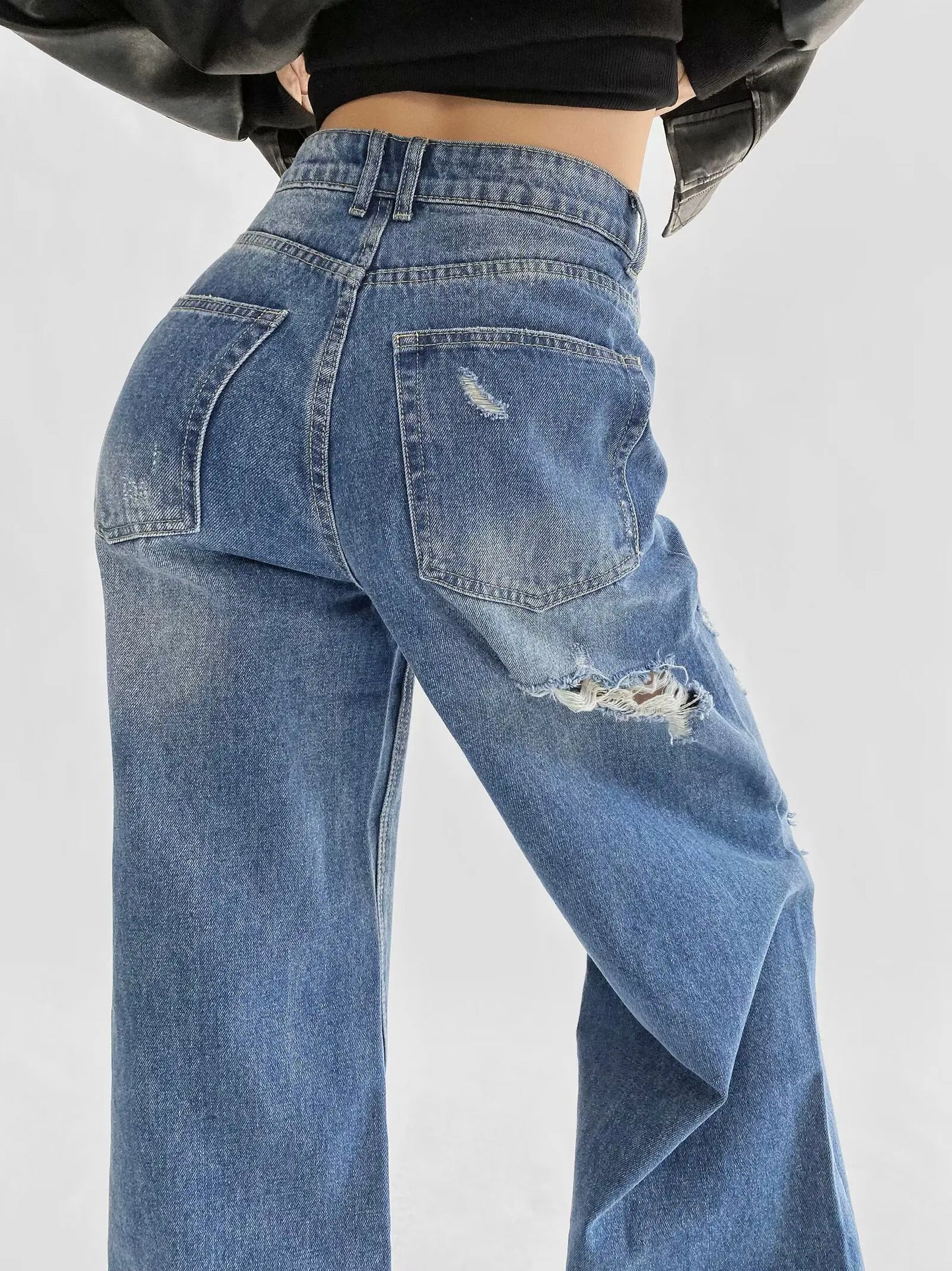 Women's Destroyed Jeans 2025 Spring Summer High Waist Loose Leg Floor-Length Distressed Denim Vintage Daily Staple