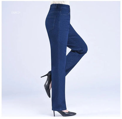 Middle-aged Women's Jeans Spring Autumn High Waist Solid Color Denim Pants Large Size Loose Female Straight Casual Cowboy Pants