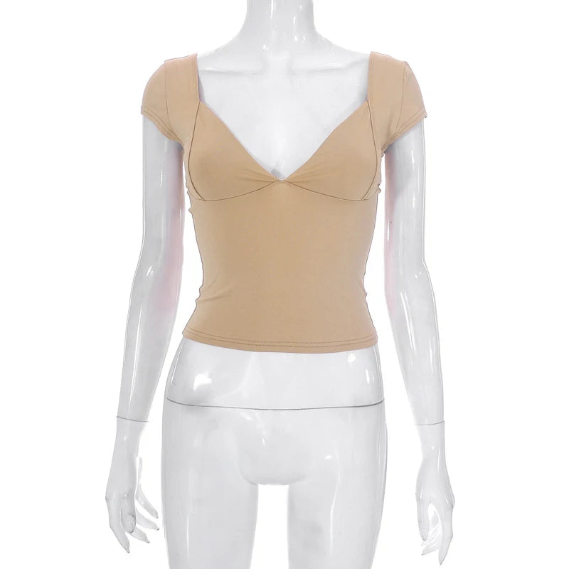 2000s  Tops for Women Fairy Grunge Clothes Sweet Solid Color V Neck Short Sleeve Tanks Aesthetic T Shirt Streetwear