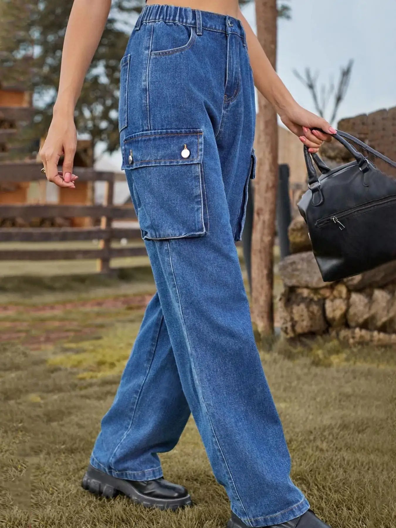 Women's High-Waisted Street Cargo Jeans Baggy Wide-Leg Pants Trendy Fashion Casual Blue Denim Trousers, Suitable for Gatherings,