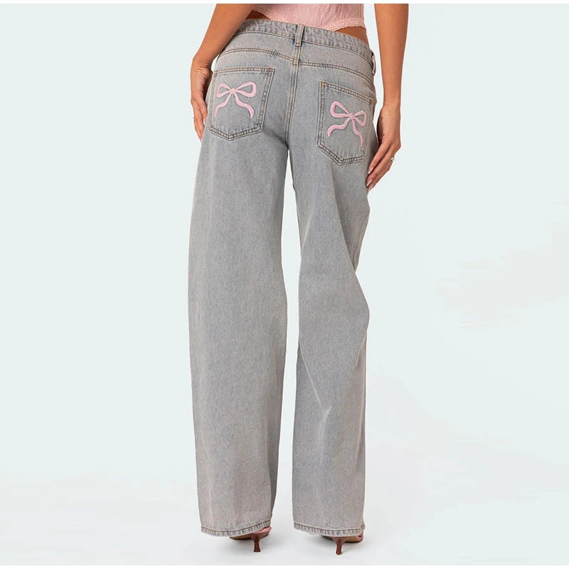 Blue Jeans for Women Pink Bow Embroidery Jeans Y2K Straight High Waist Vintage Casual Trousers Female Wide Leg Designer Pants