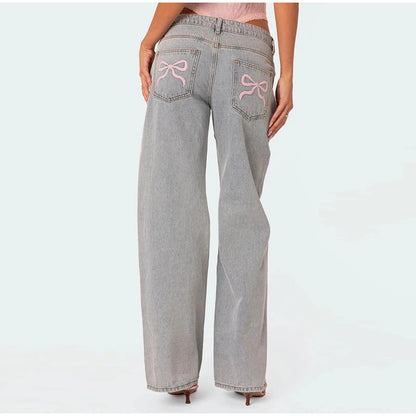 Blue Jeans for Women Pink Bow Embroidery Jeans Y2K Straight High Waist Vintage Casual Trousers Female Wide Leg Designer Pants