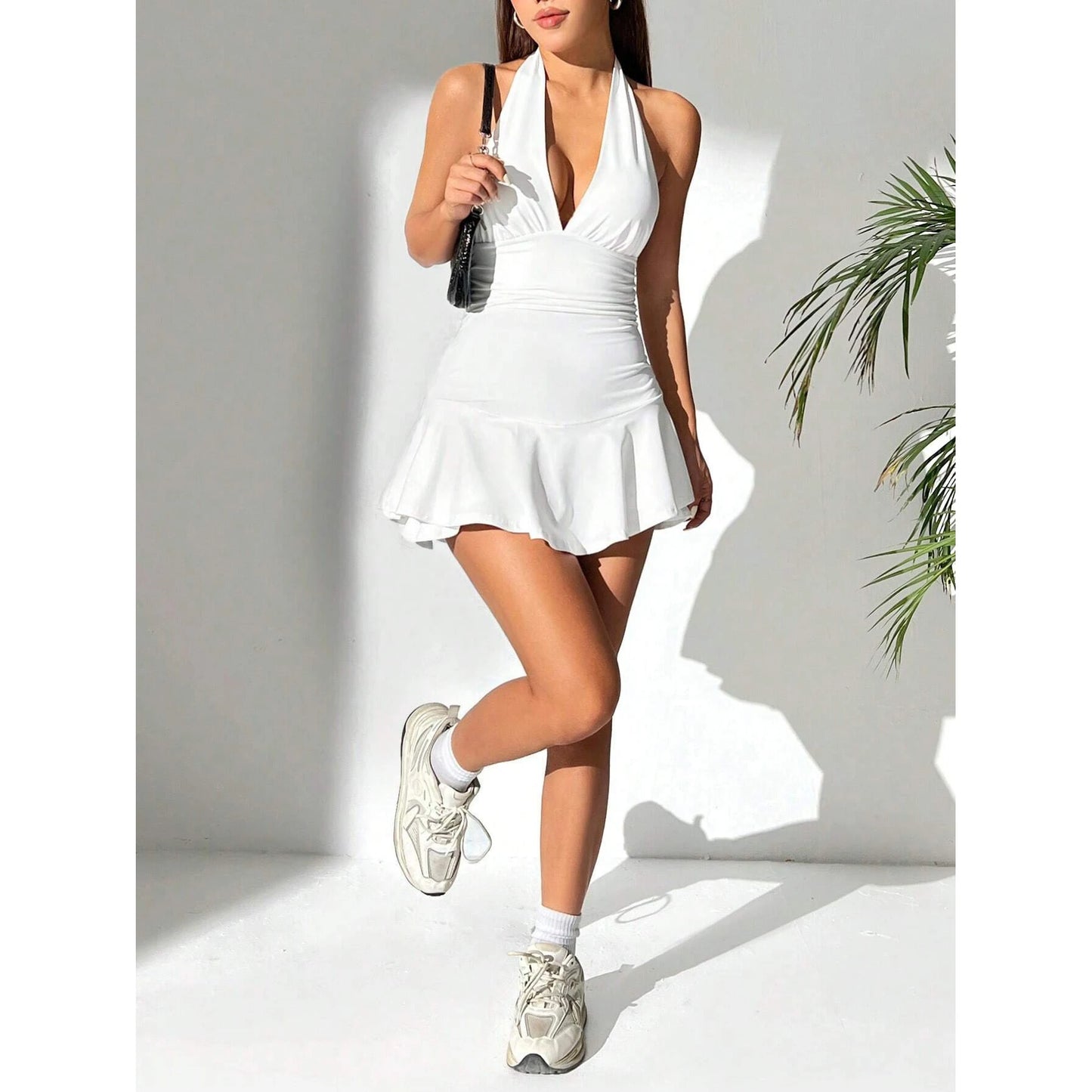 Women's Deep V-Neck Low-Cut Belly-Shading Thin Hanging Neck Short Dress Sexy Backless Dress with Bottoms