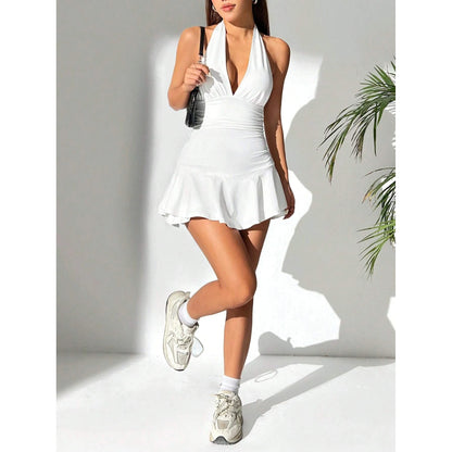 Women's Deep V-Neck Low-Cut Belly-Shading Thin Hanging Neck Short Dress Sexy Backless Dress with Bottoms