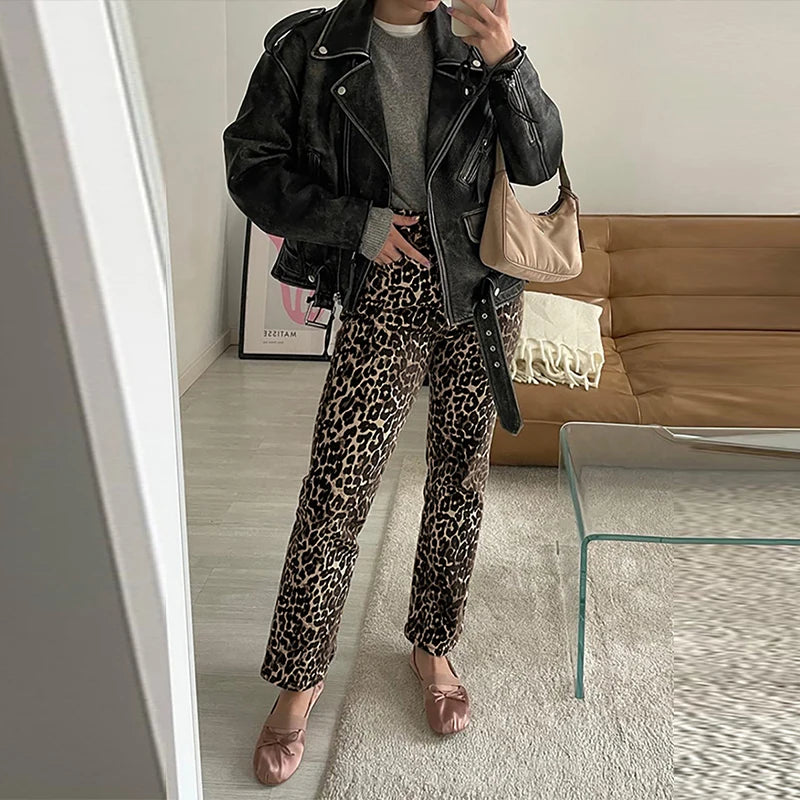 High-Waisted Leopard Print Denim Jeans for Women Retro Slim Straight Leg Trousers Vintage Y2k Hip Hop Streetwear Lady Fashion