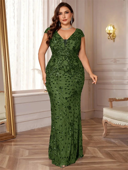 Plus Size Elegant Blue Evening Dress For Women 2024 Luxury Long Mermaid Formal Sequins V-neck Prom Wedding Party Gown