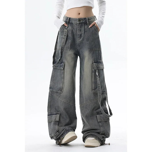 Women Blue Jeans Cargo Pants Streetwear High Waist Wide Leg Pants Fashion Y2K Style Female Winter Straight Trousers