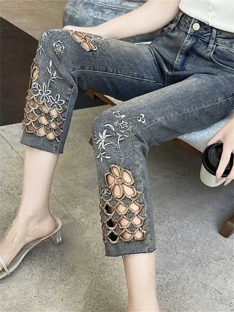 2025 Summer New Fashion Hollow Embroidered Jeans For Women Heavy Industry High Waist Slim Ankle-Length Pants Ladies Denim Pants
