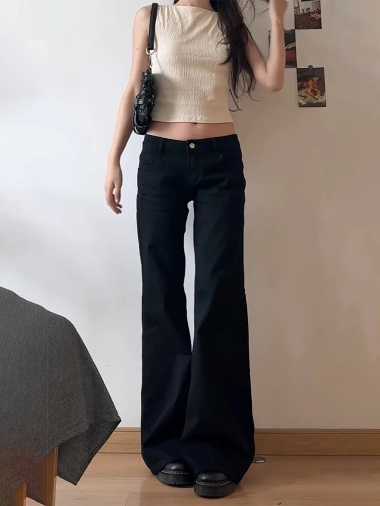 Women Low Waist Flared Jeans Retro Style Blue Black Micro Flare Pants Loose Straight Wide Leg Jeans Female Spring Fashion