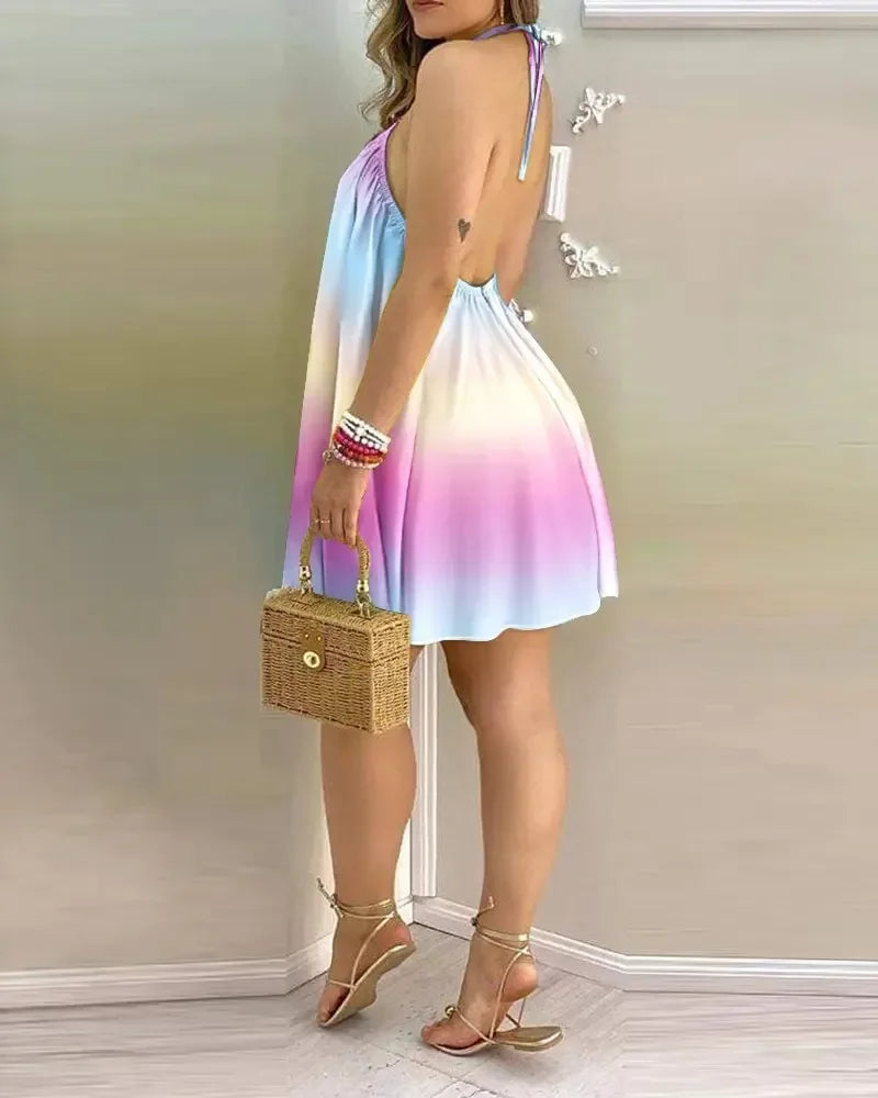 Dresses For Woman 2025 Sexy Sleeveless Backless Short Mini Dress Loose Halter Neck Print Beach Sundress Floral Vestidos S-3XL