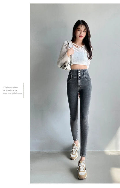 New Women's High Waist Stretch Jeans Blue Black Gray Fashionable and Versatile Multi-button Popular Slim Denim Long Pants Female