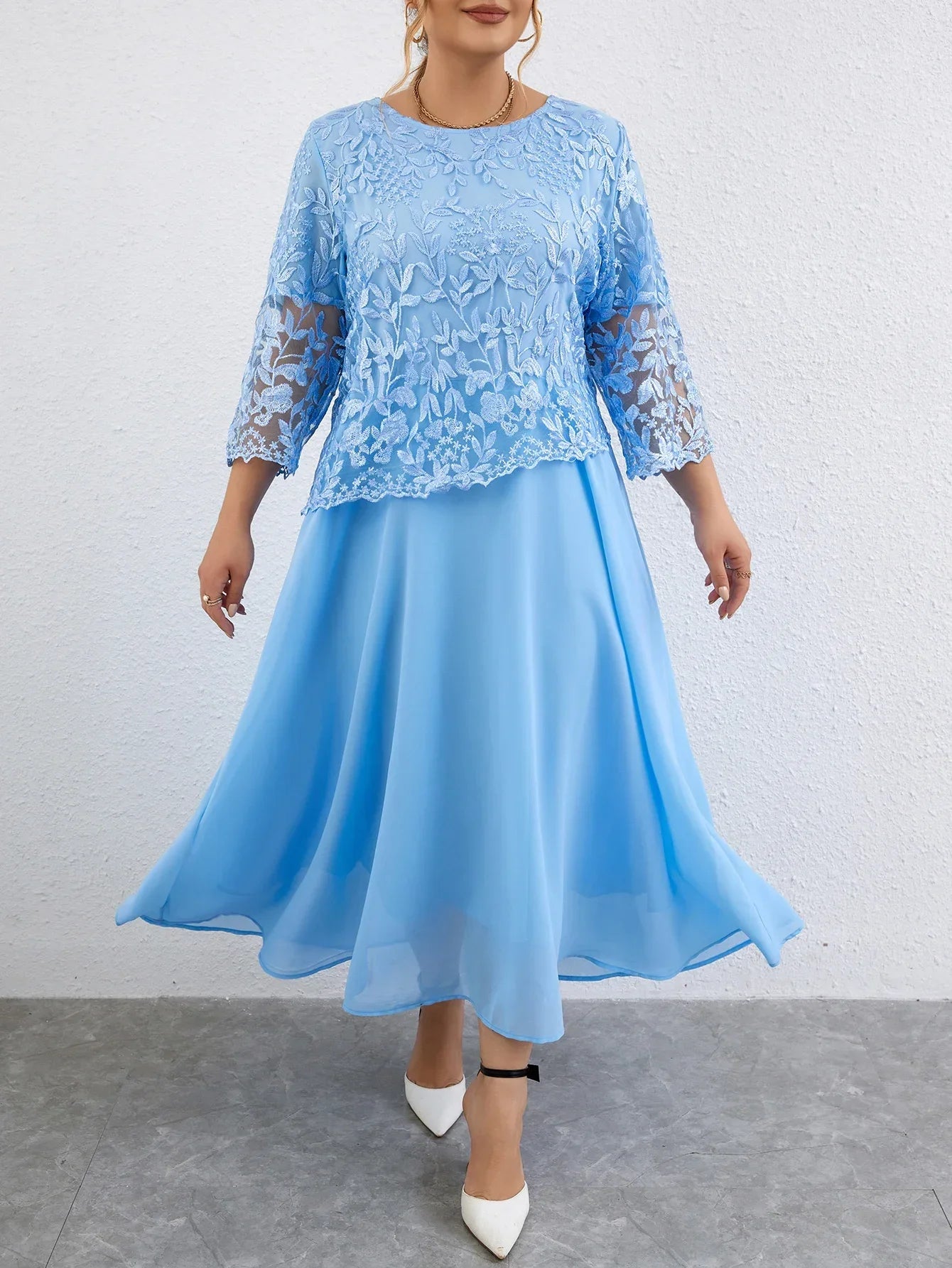 5XL Plus Size Long Dresses Women Clothing Summer Embroidery Fake Two Piece Elegant Party Dress for Wedding Guest Church Dress