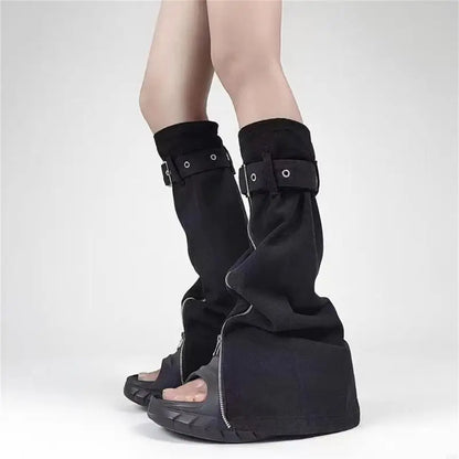 Women Jeans Black Leg Warmers with Buckled Straps Punk Denims Flared Boot Cover Slit Zippers Baggy Long Socks Streetwear