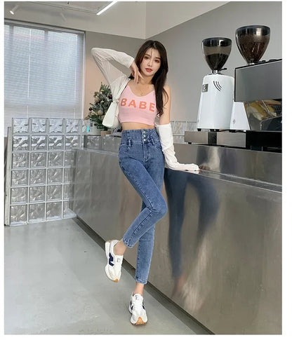 New Women's High Waist Stretch Jeans Blue Black Gray Fashionable and Versatile Multi-button Popular Slim Denim Long Pants Female