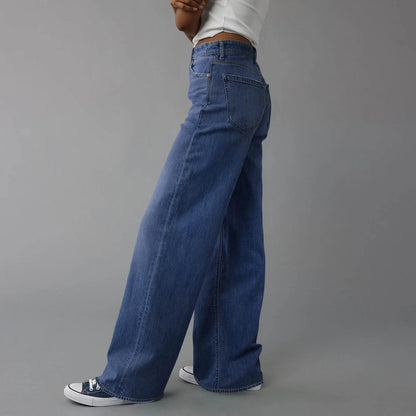 Hot Sale Women's High Waisted Jeans Stretchy Flared Straight Leg Denim Pants Solid Color Loose Trendy Comfortable Denim Pants