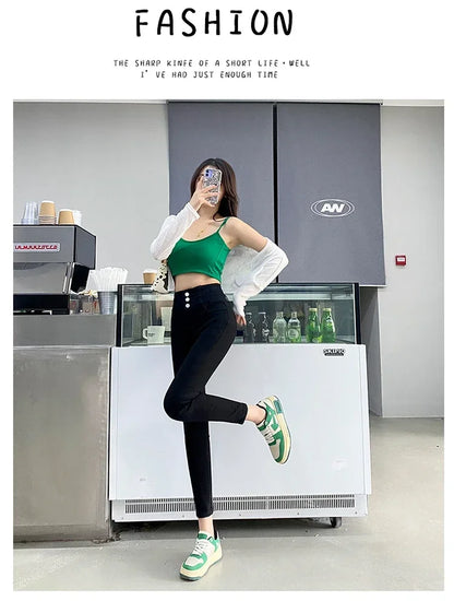 New Women's High Waist Stretch Jeans Blue Black Gray Fashionable and Versatile Multi-button Popular Slim Denim Long Pants Female