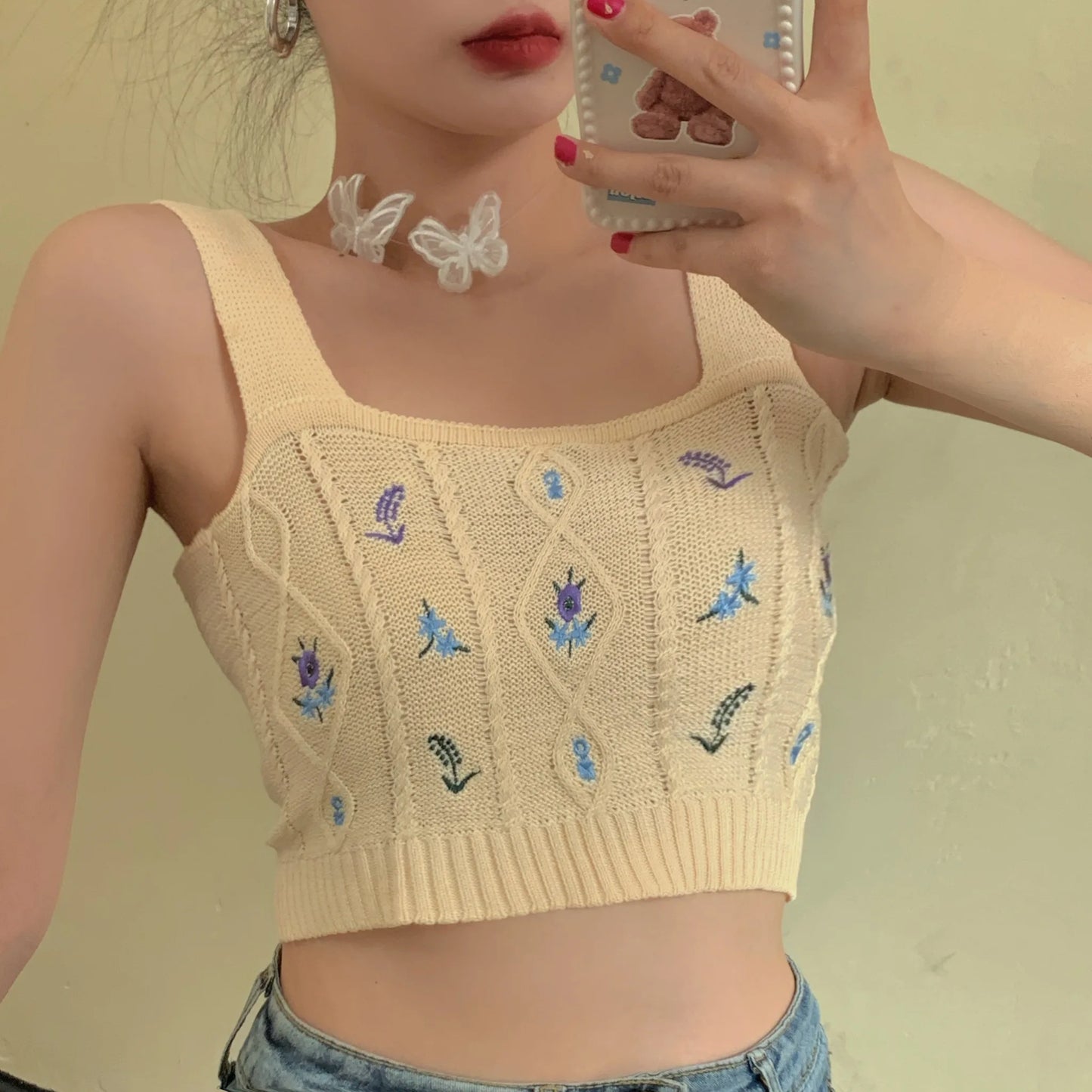 HELIAR Women Flower Embroidery Knitted Crop Tops Women Casual Tube Tops Casual Ribbed Cute Tops Crop Tops Women 2024 Summer
