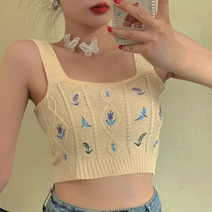 HELIAR Women Flower Embroidery Knitted Crop Tops Women Casual Tube Tops Casual Ribbed Cute Tops Crop Tops Women 2024 Summer