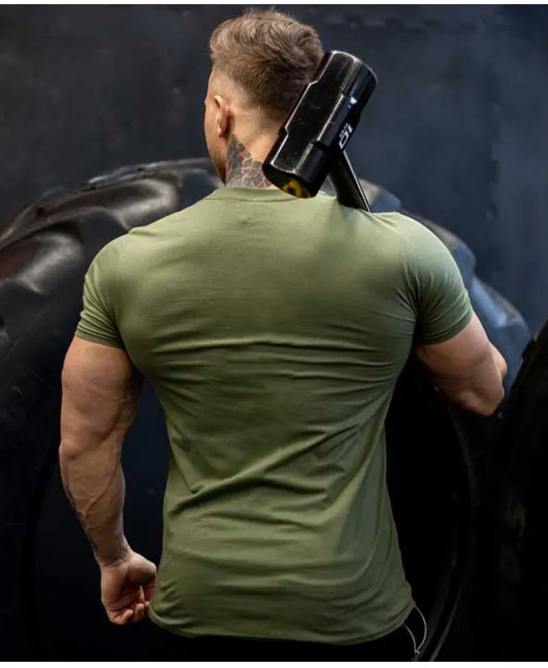 Men's Gym Fitness Clothing Man Cotton Sports Short Sleeve T-shirt Running Training Slim Printed Shirt Sweatshirt Casual Tops