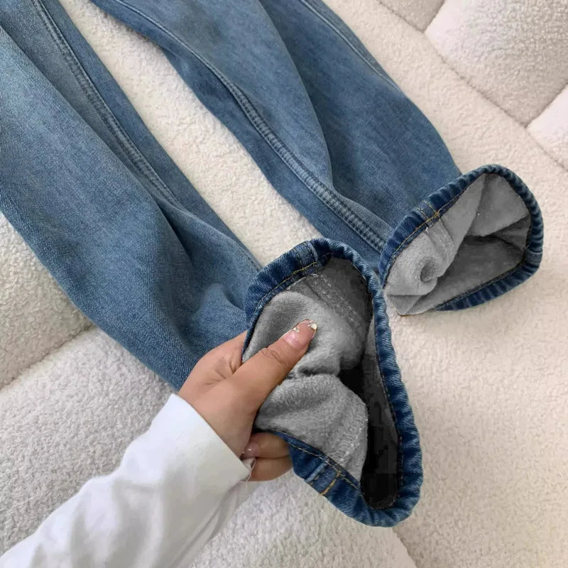 Jeans Women's Autumn and Winter Narrow Version Warm Wide-leg Velvet High-waisted Floor-mopping Pants Thickened Loose Retro