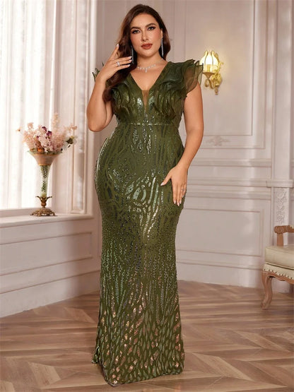 Lucyinlove Plus Size Elegant Gold Evening Dresses Women Luxury Ruffle Sleeve Mermaid Formal Sequins Wedding Party Cocktail Gowns