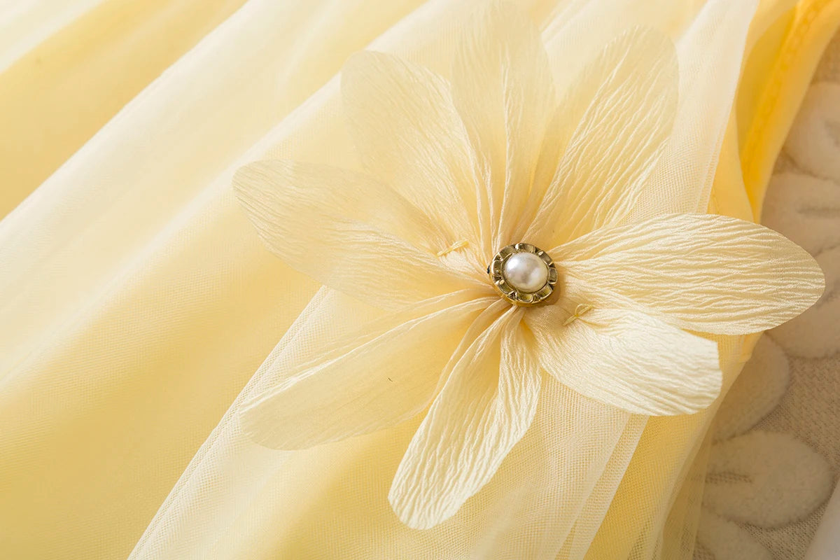 Toddler Girl Princess Dress Pink Flower Decorated Sleeveless Gauze Dress Elegant Girl Wedding Party Dress for Party