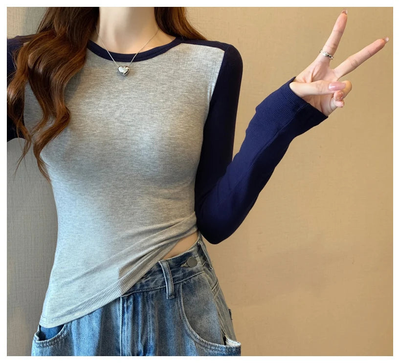 Spring Autumn Tops for Women Tshirt Turn Down Collar Long Sleeve Beige Blue Chic Y2k Fashion Patchwork 2025 T Shirts