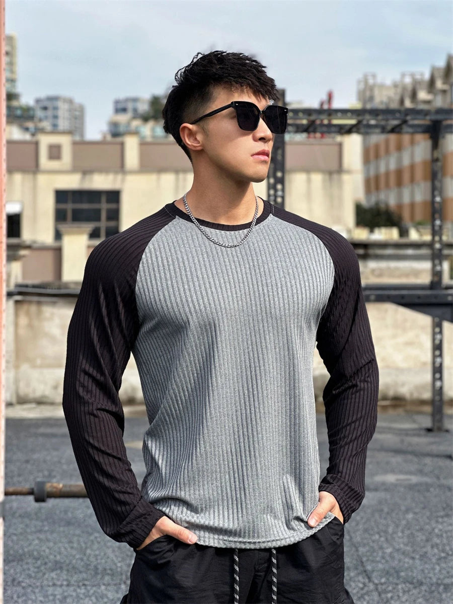 Gym Fitness T-shirt Men Long Sleeve Splice color Shirt Male Bodybuilding Tees Tops Running Sports Quick Dry Training Clothing