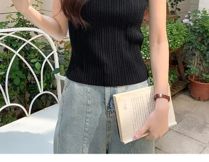 Sleeveless Blouse Shirt Women O-neck Rib Knit Vest Tank Plain Vest Tops Summer Female Basic Casual Tops Outfit