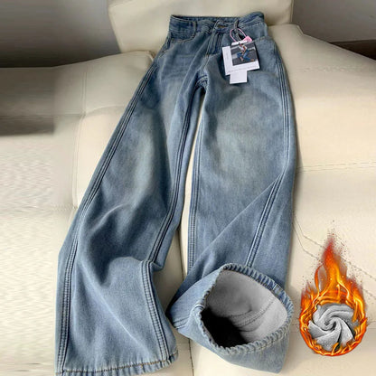 Jeans Women's Autumn and Winter Narrow Version Warm Wide-leg Velvet High-waisted Floor-mopping Pants Thickened Loose Retro