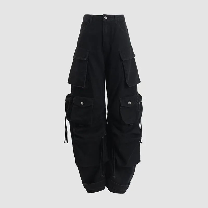 Women's jeans 2025 Winter new low waisted slim fit pure cotton wide leg pants Retro ripped cargo pants Multi pocket denim pants