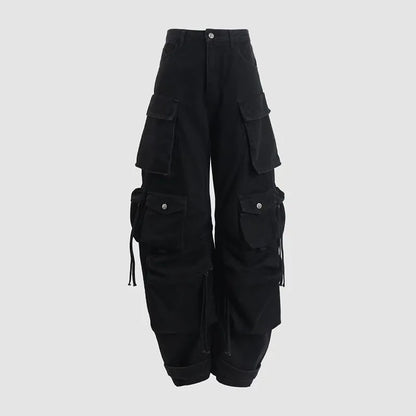 Women's jeans 2025 Winter new low waisted slim fit pure cotton wide leg pants Retro ripped cargo pants Multi pocket denim pants