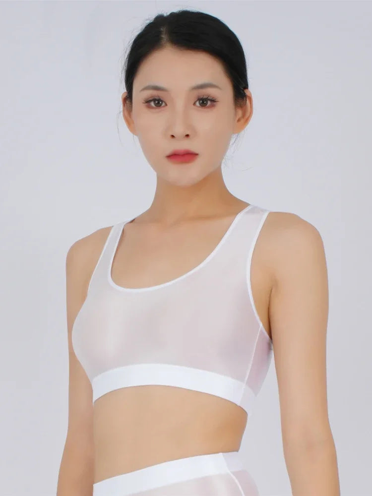 Women's Yoga Fitness Tops Sexy Candy Color UltraShort Crop Fashion Vest V Neck Oil Glossy Silky Smooth Elastic Tight Tanks Tees