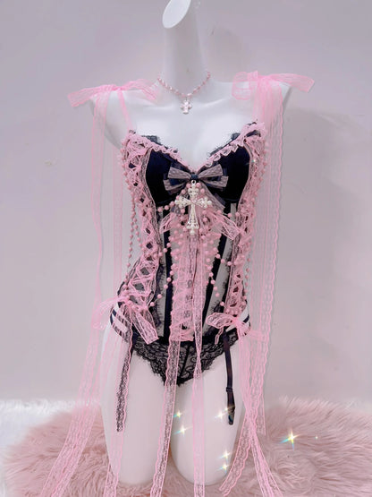 Cross Tank Tops Lace Tank Tops Pink crop top  gothic  tank tops  y2k tops y2k fashion LolitaTank TopsKawaii Tank Tops   bow tops