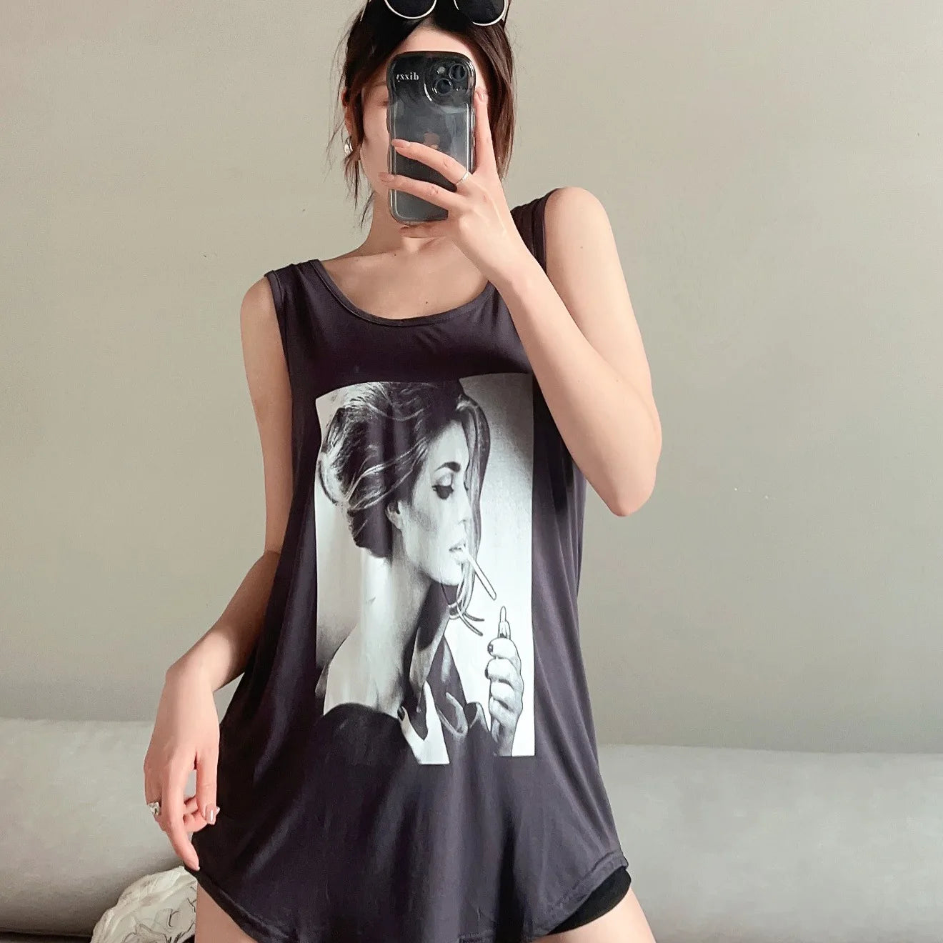 Women Long Tank Tops O-Neck Fashion Print Beauty's Head Casual Loose sleeveless T-shirt streetwear camis tops