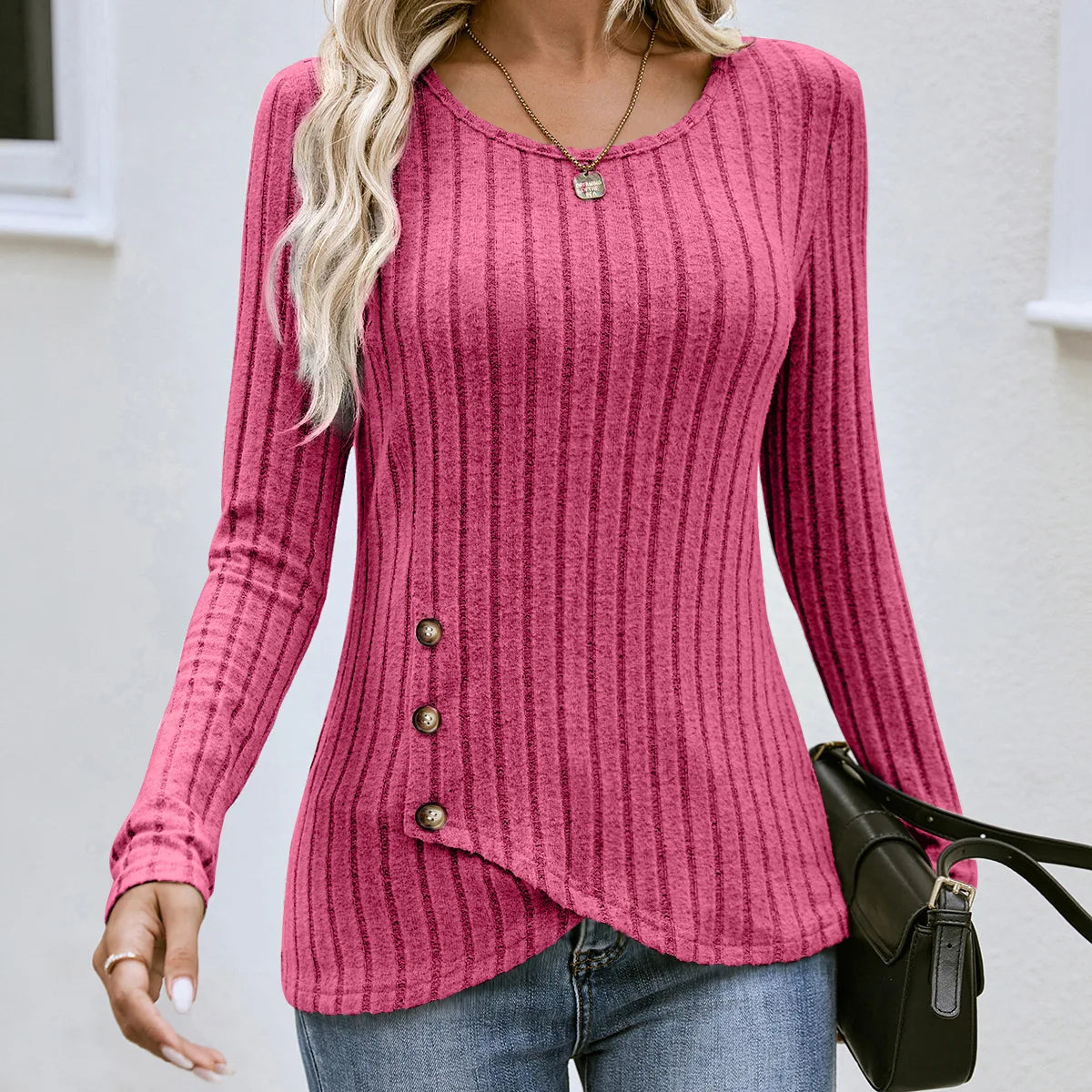 Women's Clothing Western Tops 2024 hot autumn new waist cinched round neck tight long sleeved top Europe America T-Shirts Tees