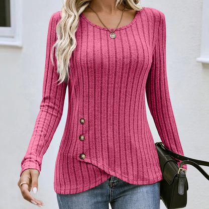 Women's Clothing Western Tops 2024 hot autumn new waist cinched round neck tight long sleeved top Europe America T-Shirts Tees