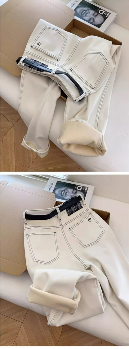 2025 Women's White Jeans High Waist Heart Embroidery Denim Pants Belted Casual Slim Fit Female Fashion Trousers