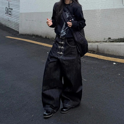 Women’s Multi-button Design Curved Wide-leg Jeans High Waist Straight Baggy Denim Pants Female Vintage Street Style Trouser