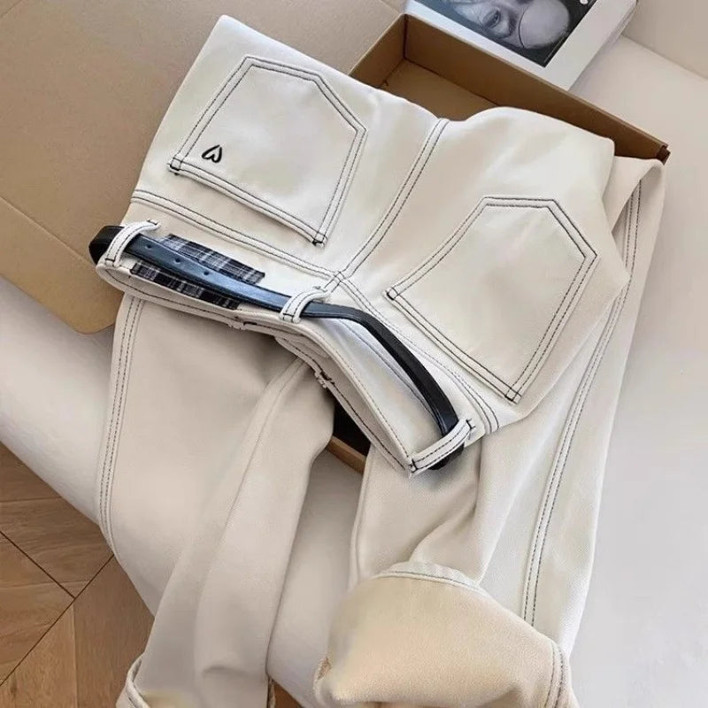 2025 Women's White Jeans High Waist Heart Embroidery Denim Pants Belted Casual Slim Fit Female Fashion Trousers