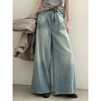 Women's Retro High-waisted Wide-leg Jeans  Loose  Slimming  Drapey  Casual Floor-length Pants for Autumn and Winter