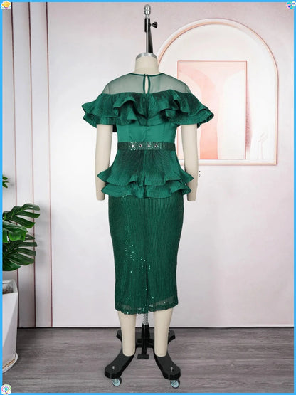 2026 New Plus Size European African Evening Dress Turkish Sequin Ruffle Long Dress Women Elegant Wedding Party Gown